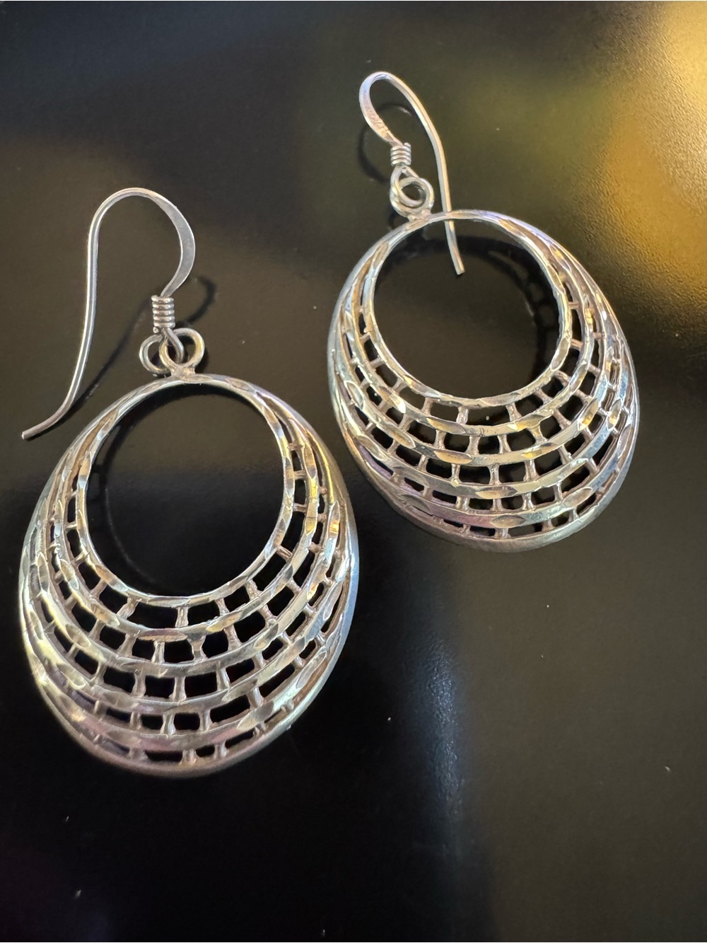 Sterling Silver Diamond Cut Openwork - Crescent Dangle Earrings - MJ 925